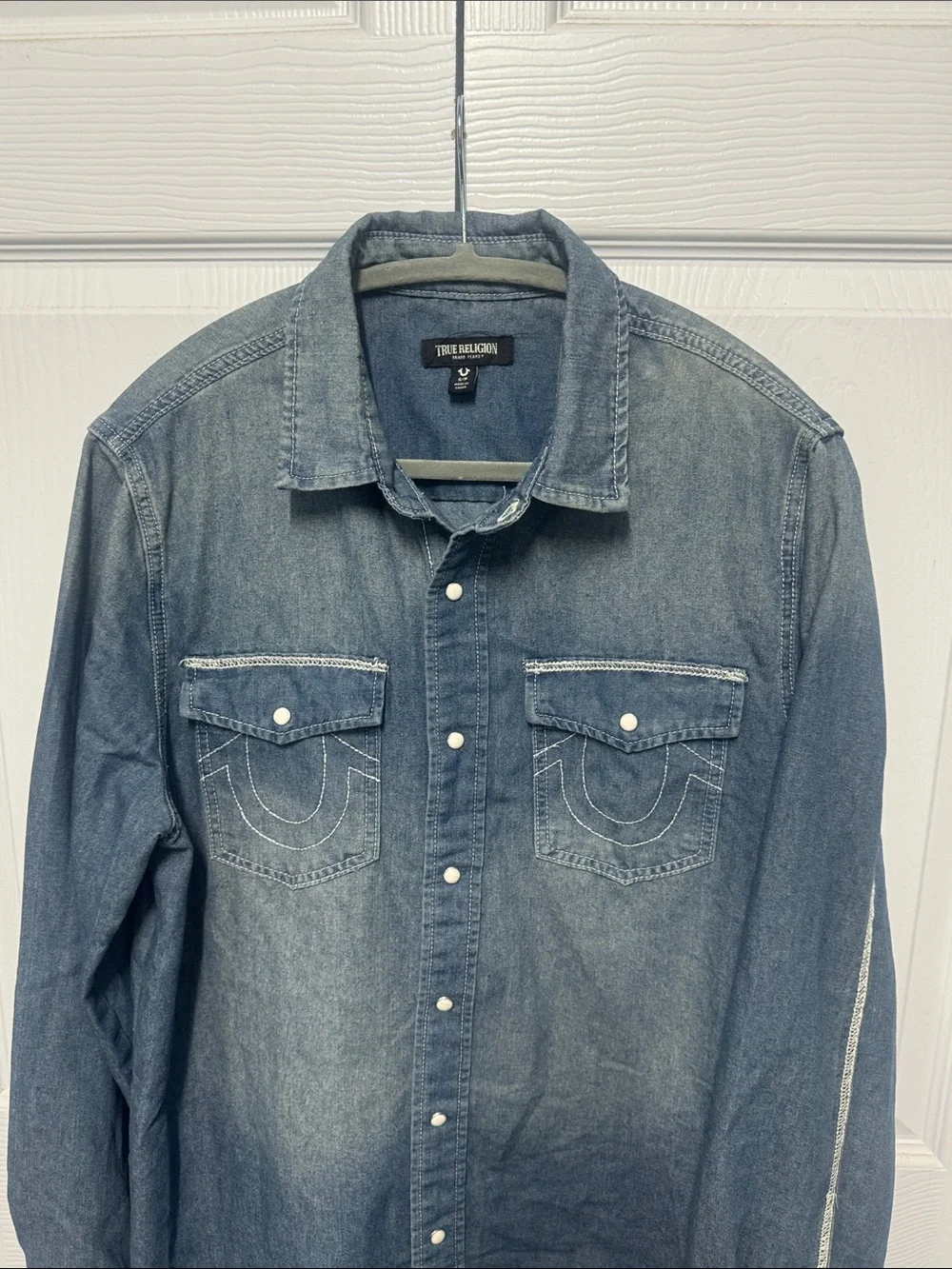 True Religion Men's Denim Western Shirt in Faded Blue